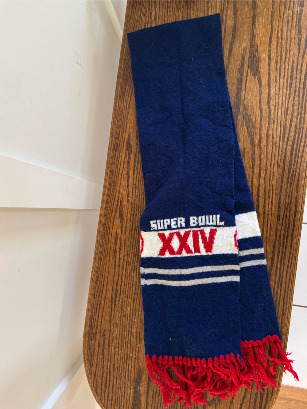 Vintage Navy Blue & Red Knit Scarf with White Stripe and Text